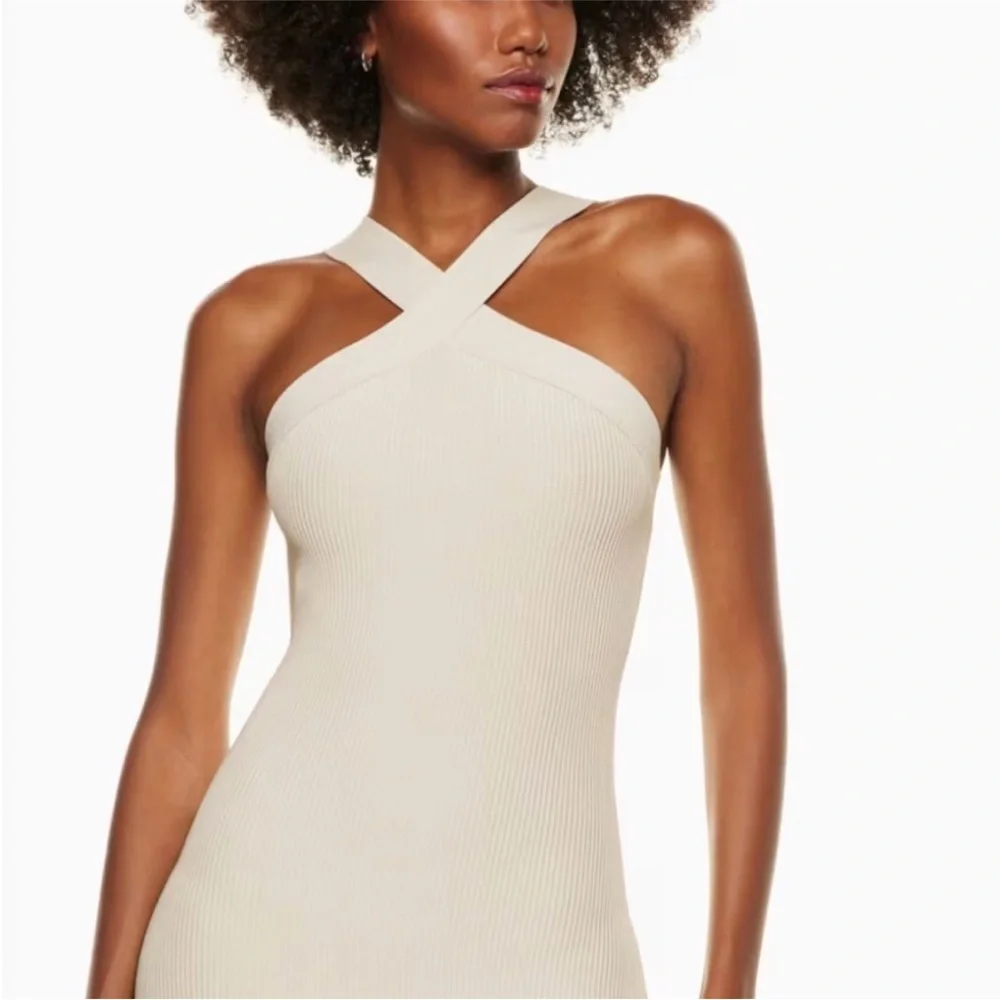 Aritzia Babaton Dress Mini NWT Sculpt Knit Cross Ribbed Halter White size Large - Picture 2 of 14